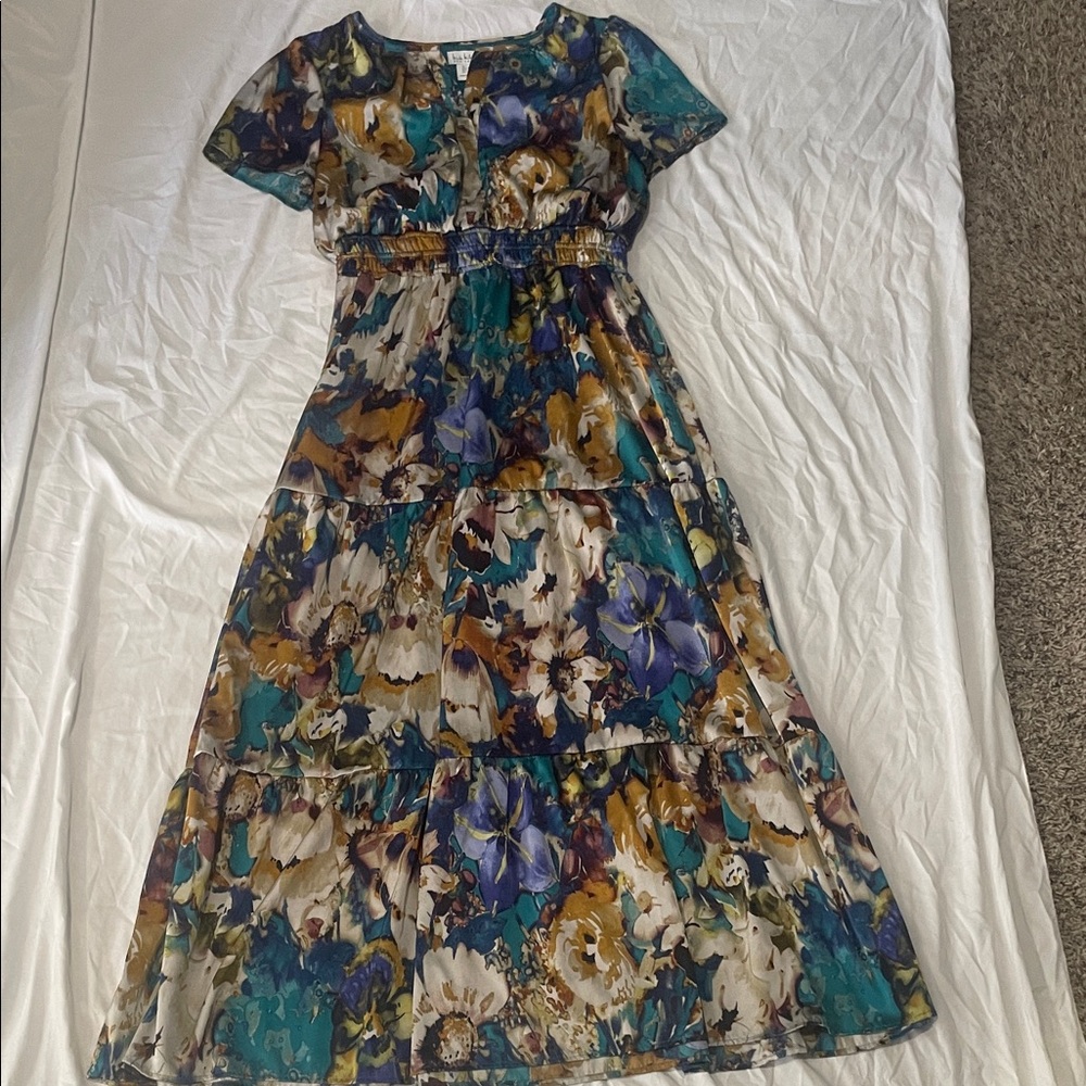 Nicole Miller Blue and Gold Floral Maxi Dress